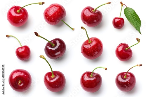Fresh cherries, whole and vibrant, red fruit with green leaves, isolated on white background, juicy and ripe, perfect for healthy eating, food photography, and seasonal visuals

