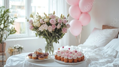 Flowers and sweets on the white table and balloons on the white bed.
