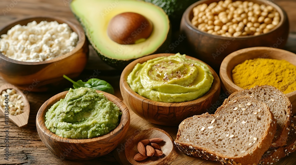 A wooden table with a spread of whole grain bread, avocado, and plant-based spreads, highlighting a nutritious breakfast option A wooden table with a spread of whole grain bread, avocado, and plant-based spreads, highlighting a nutritious breakfast option