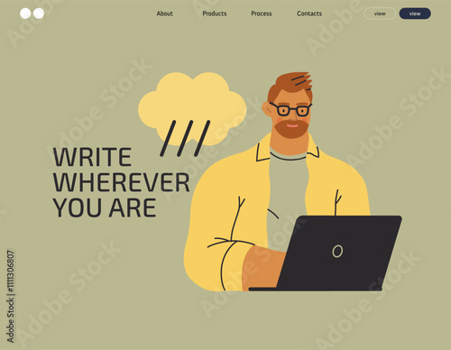 Writing people, modern flat vector concept illustration- sitting man thoughtfully writing on laptop, bubble near head Metaphor for reflection, personal insight, contemplation, creative expression