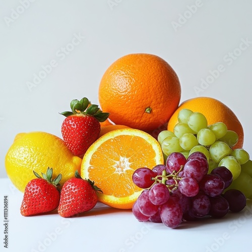 Vibrant display of fresh fruits a colorful arrangement of oranges strawberries and grapes on a minimalist background showcasing nature's bounty and health benefits photo