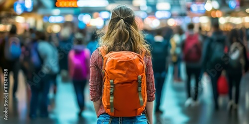 Woman with orange backpack explores busy urban area filled with people during daytime