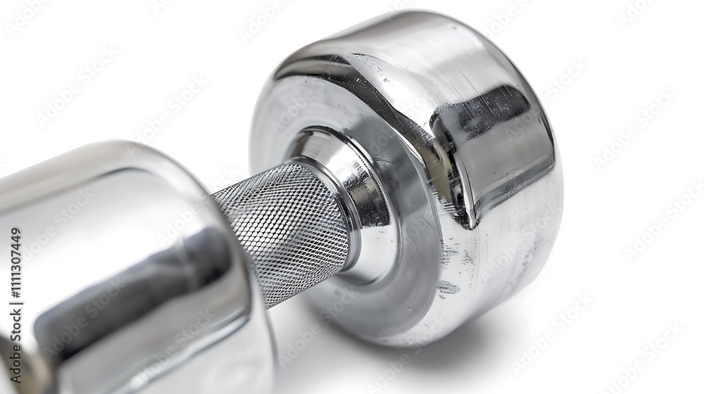 A close-up of a gym dumbbell with a polished metal surface, isolated on white A close-up of a gym dumbbell with a polished metal surface, isolated on white