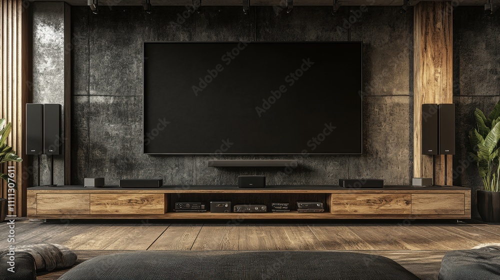Modern Home Interior with Minimalist TV Setup Featuring Large Screen, Subwoofer, Wooden Cabinet, Vertical Speakers, and Decorative Plants in a Stylish Living Room Modern Home Interior with Minimalist TV Setup Featuring Large Screen, Subwoofer, Wooden Cabinet, Vertical Speakers, and Decorative Plants in a Stylish Living Room