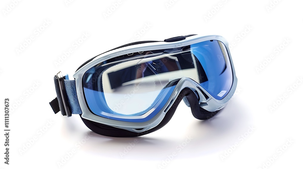 A close-up of a pair of ski goggles with sleek lenses and straps, isolated on white A close-up of a pair of ski goggles with sleek lenses and straps, isolated on white