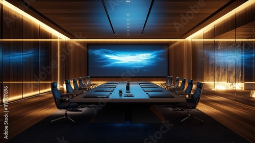 Modern Conference Room With Large Screen And Fireplace