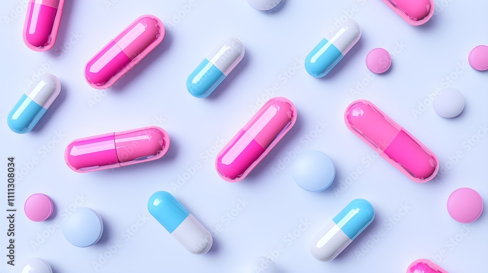 Bright pharmaceutical pills and tablets, minimalistic white background, 3D render Bright pharmaceutical pills and tablets, minimalistic white background, 3D render