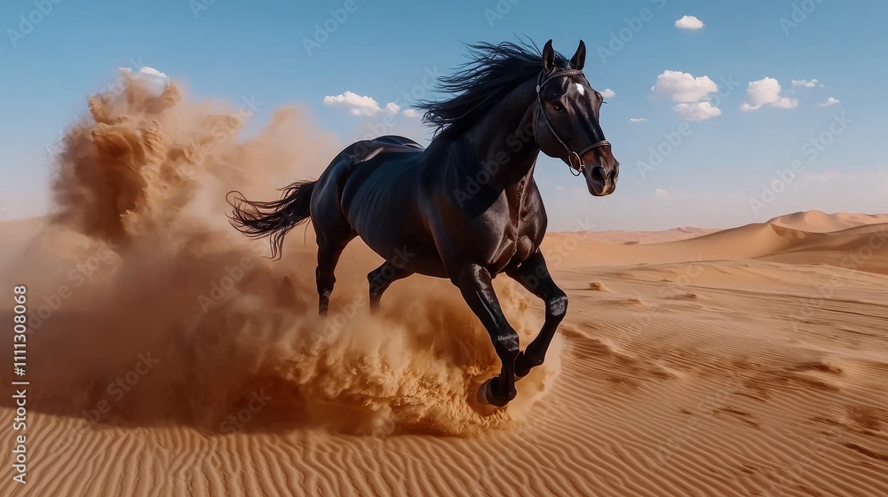 Powerful black stallion running across a desert landscape, dust flying behind, strong and energetic mood Powerful black stallion running across a desert landscape, dust flying behind, strong and energetic mood
