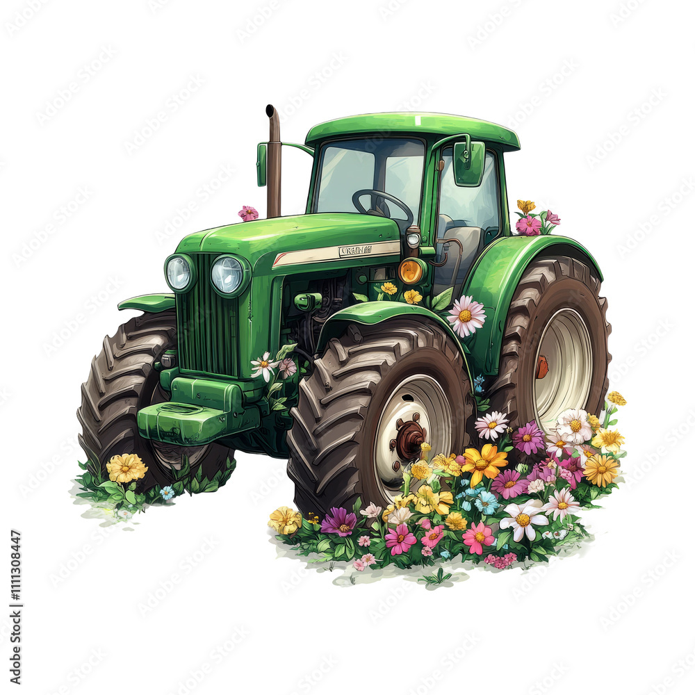 Obraz premium Green Tractor with Flowers on Transparent Background
