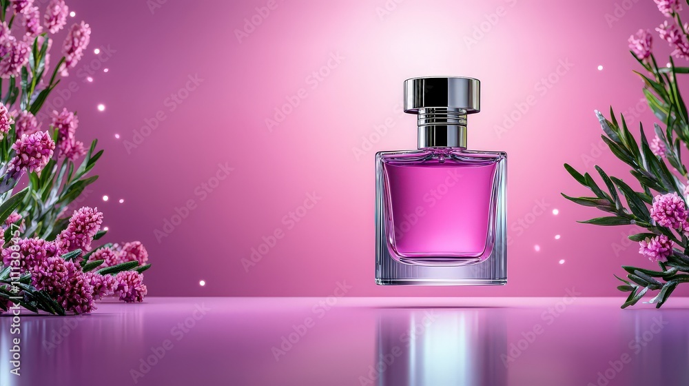 Futuristic floating perfume bottle stylish showcase digital art vibrant pink background innovative design concept Futuristic floating perfume bottle stylish showcase digital art vibrant pink background innovative design concept