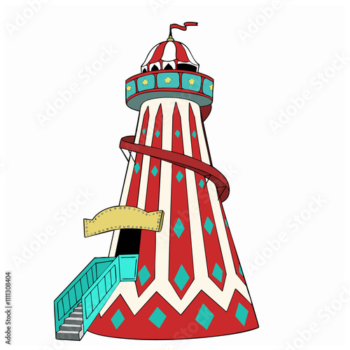 A colorful helter-skelter slide with a red, white, and turquoise diamond pattern, a spiral slide, and a fun retro vector illustration design. Perfect for carnival, amusement park, or fair-themed .