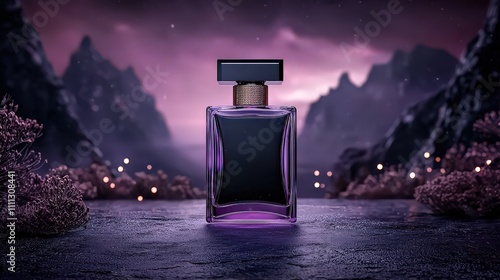 Futuristic perfume bottle floating in midair enchanted mountains digital art nighttime surreal concept for modern elegance