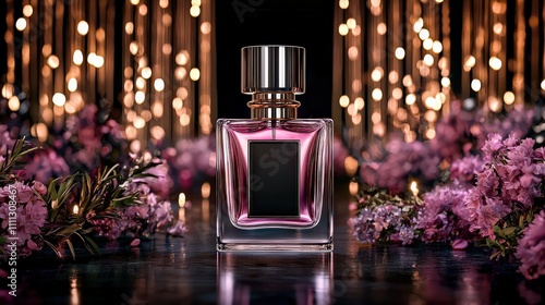 Futuristic floating perfume bottle glamorous studio product showcase elegant decor close-up view modern design concept