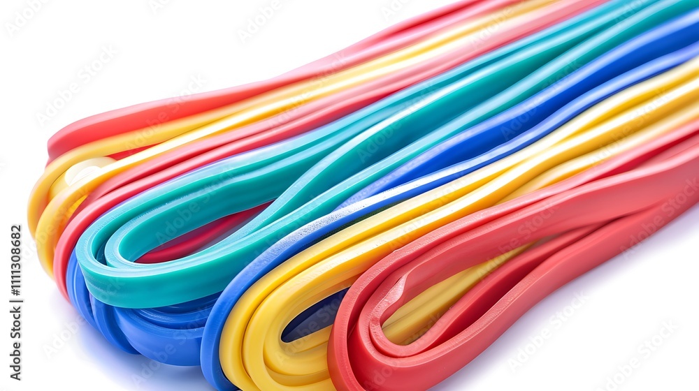 A detailed image of a set of resistance bands, showcasing their stretchable surface, isolated on white A detailed image of a set of resistance bands, showcasing their stretchable surface, isolated on white