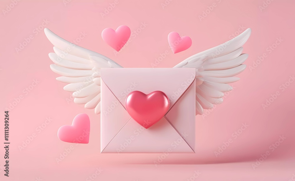 3D cartoon-style Valentine's Day envelope with wings and a heart on a pink background, vector illustration. 2D design, simple design, cute, soft colors, pastel color palette