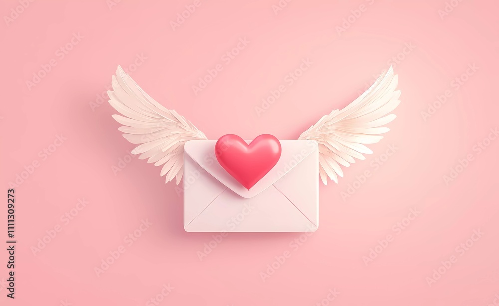 3D cartoon-style Valentine's Day envelope with wings and a heart on a pink background, vector illustration. 2D design, simple design, cute, soft colors, pastel color palette