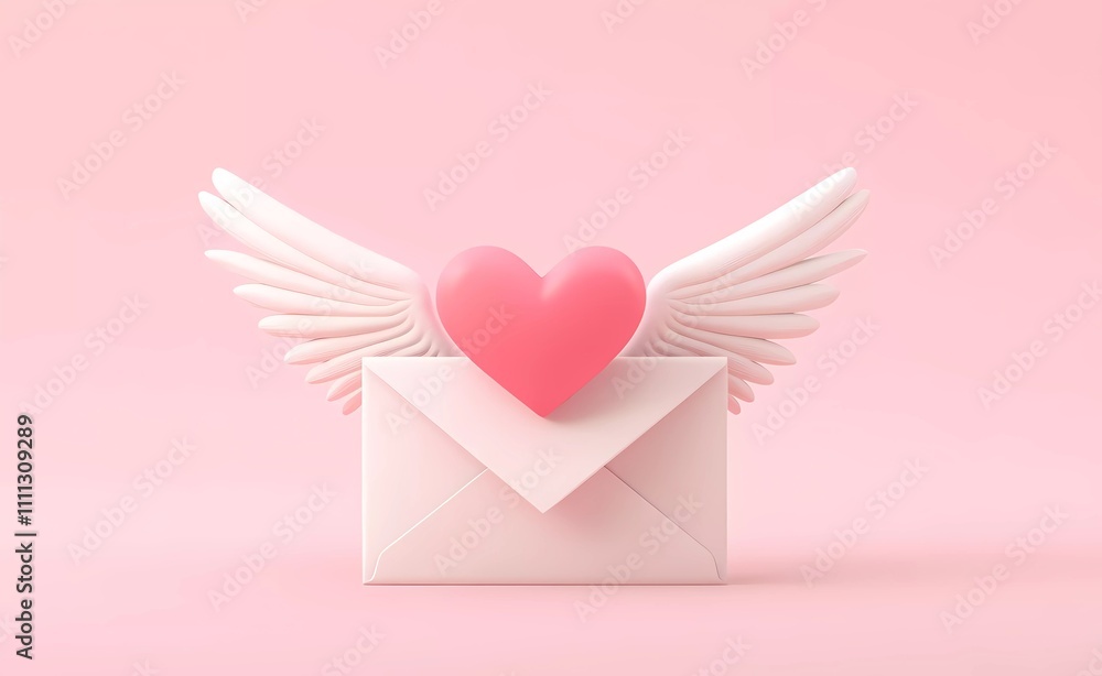 3D cartoon-style Valentine's Day envelope with wings and a heart on a pink background, vector illustration. 2D design, simple design, cute, soft colors, pastel color palette