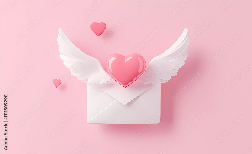 3D cartoon-style Valentine's Day envelope with wings and a heart on a pink background, vector illustration. 2D design, simple design, cute, soft colors, pastel color palette