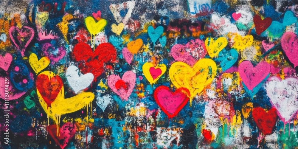 Naklejka premium Colorful heart mural brightens urban wall in vibrant street art display