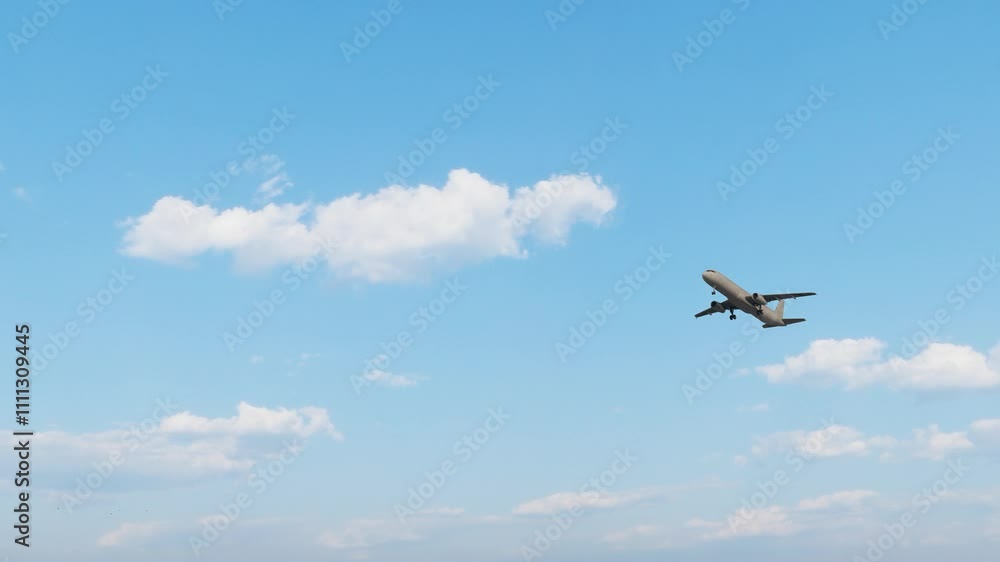 Airplane flies in blue sky. Travel, tourism. Airplane takes off against the background of blue sky. ULTRA HD. 4K. Airplane flies in blue sky. Travel, tourism. Airplane takes off against the background of blue sky. ULTRA HD. 4K.
