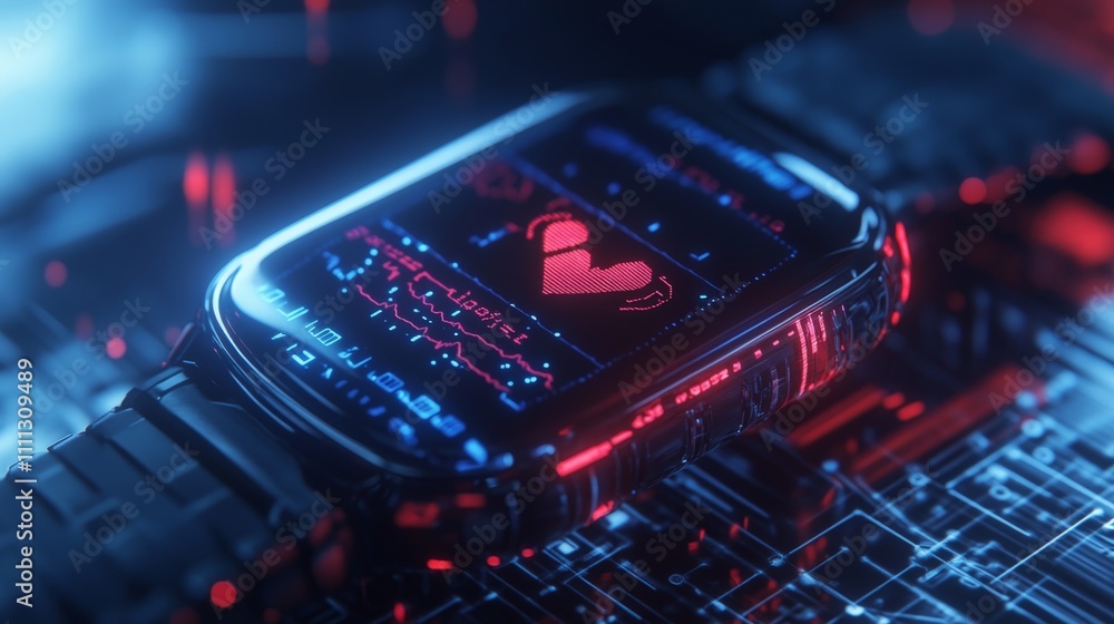 A wearable tech device monitoring heart rate and activity, symbolizing health innovation A wearable tech device monitoring heart rate and activity, symbolizing health innovation