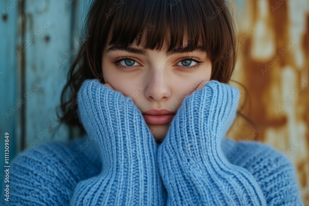 Young woman with blue eyes and soft sweater poses thoughtfully against a rustic background Young woman with blue eyes and soft sweater poses thoughtfully against a rustic background