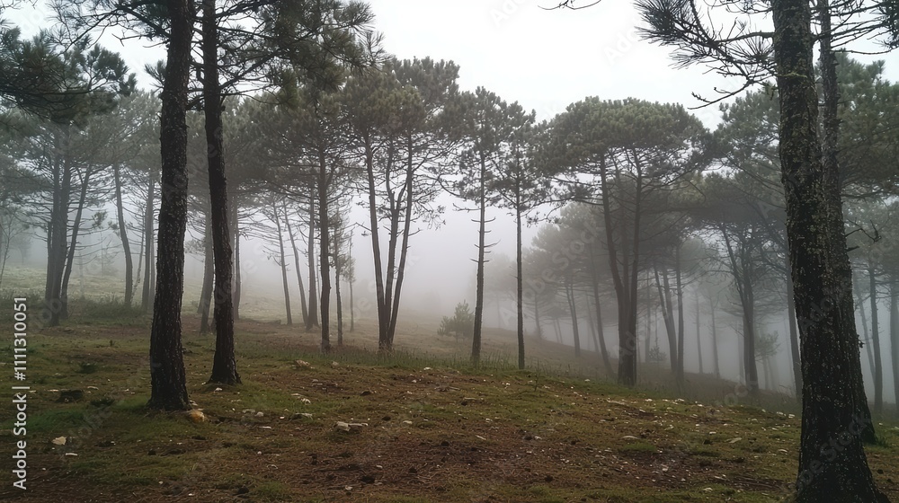 Mysterious foggy forest with tall pines nature landscape serene environment tranquil viewpoint Mysterious foggy forest with tall pines nature landscape serene environment tranquil viewpoint