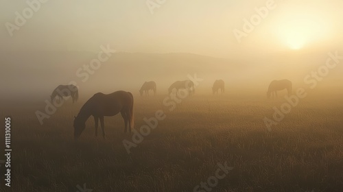 Horses grazing in a misty field at sunrise nature scene peaceful atmosphere captured beauty