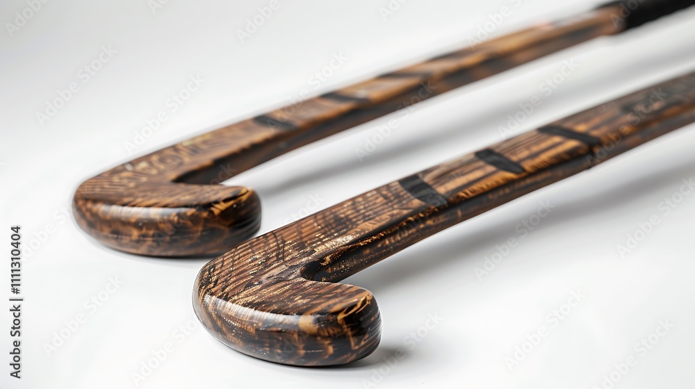 A detailed shot of a pair of field hockey sticks, showcasing their design, isolated on white A detailed shot of a pair of field hockey sticks, showcasing their design, isolated on white