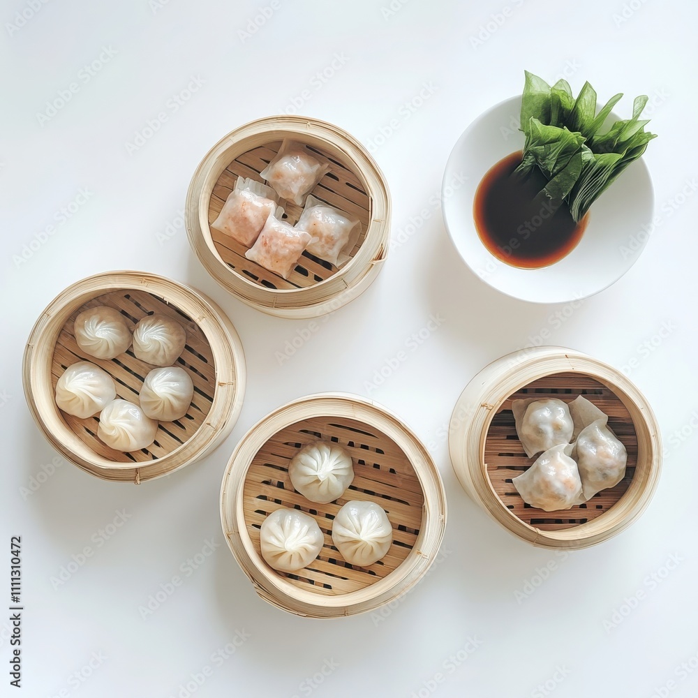 Delightful dim sum experience enjoying traditional dumplings in a cozy setting with minimalist presentation of bamboo baskets and accompanying sauce Delightful dim sum experience enjoying traditional dumplings in a cozy setting with minimalist presentation of bamboo baskets and accompanying sauce