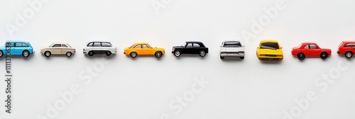 Colorful miniature car models are lined up neatly on a white background, providing ample space for text and creative design. Generative AI