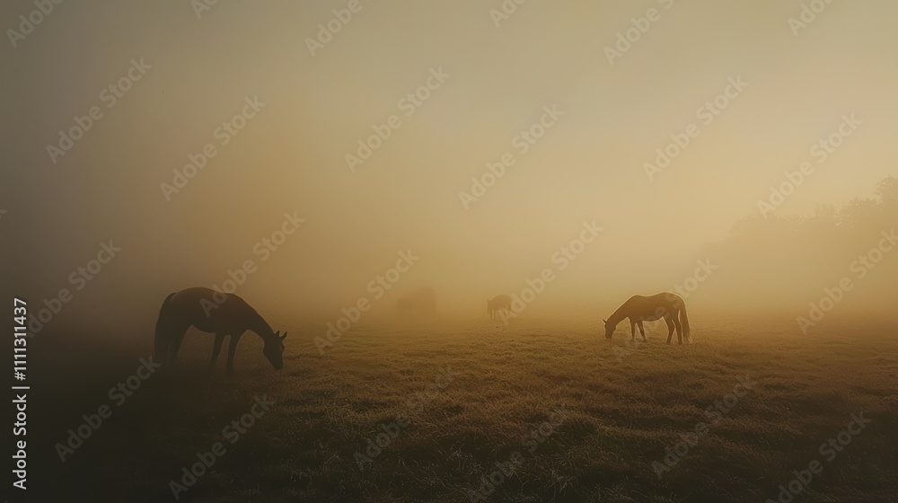 Atmospheric viewpoint grazing horses in misty morning light Atmospheric viewpoint grazing horses in misty morning light