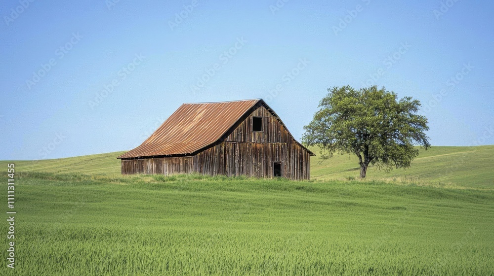 Old barn in green fields a serene nature scene under clear skies and rustic charm Old barn in green fields a serene nature scene under clear skies and rustic charm