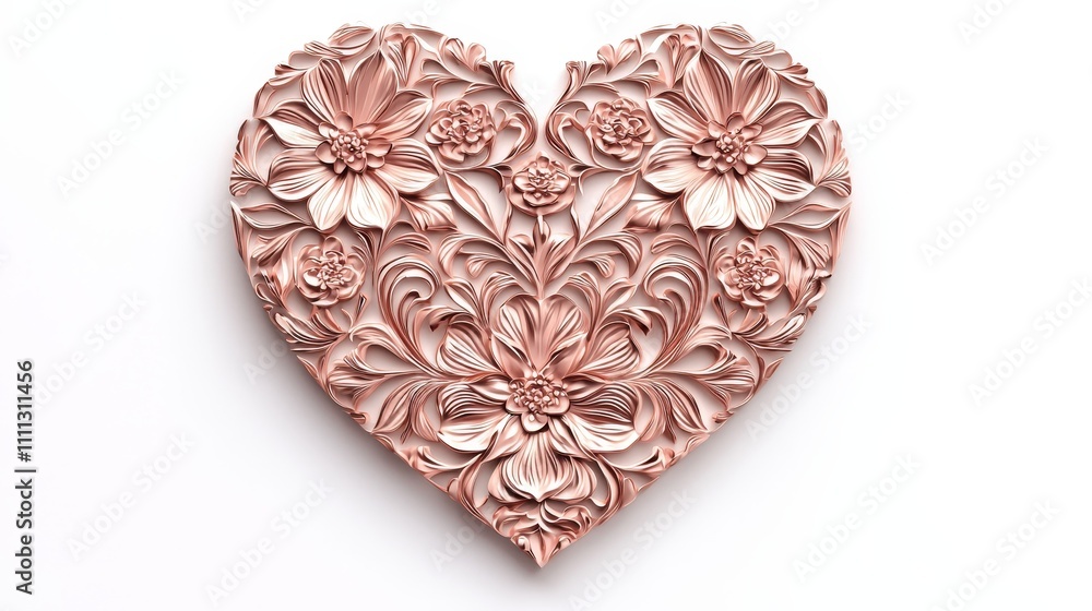 Fototapeta premium Vector heart with intricate floral patterns, isolated on a pure white background, delicate details and soft pink hues, romantic and elegant