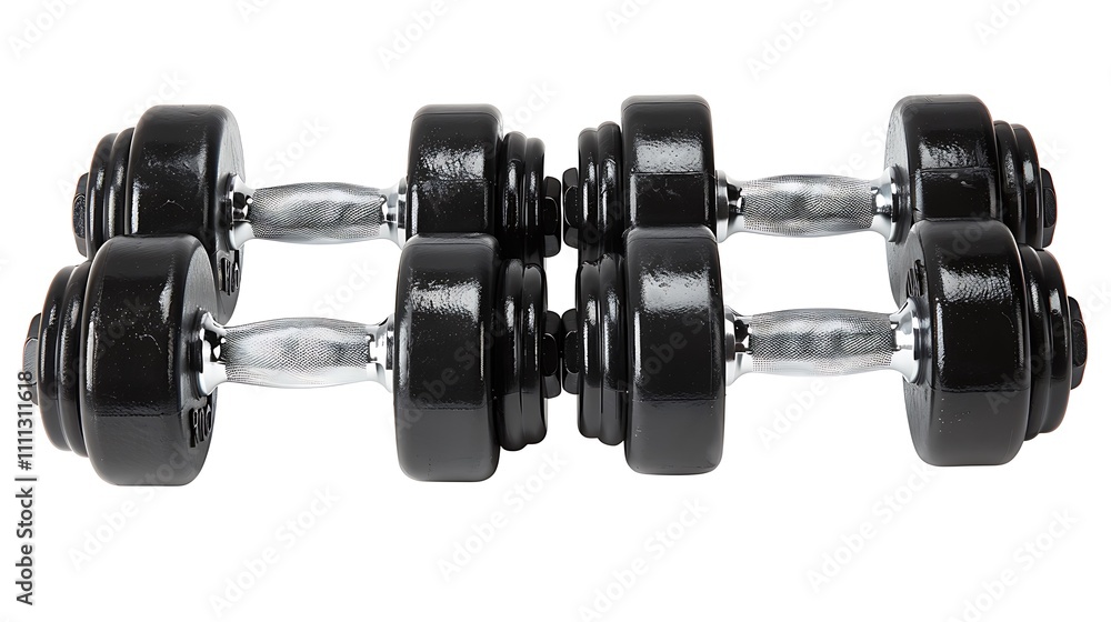 A high-definition image of a set of dumbbells with visible weights and clean finish, isolated on white A high-definition image of a set of dumbbells with visible weights and clean finish, isolated on white