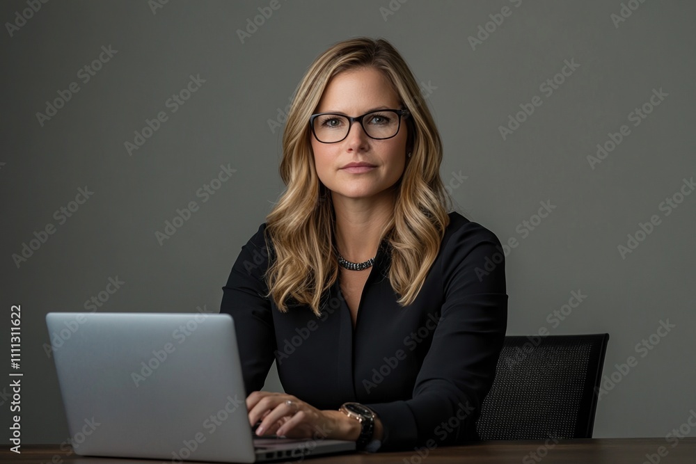 Focused professional woman in glasses and black shirt sitting at desk in modern office, using laptop for work Focused professional woman in glasses and black shirt sitting at desk in modern office, using laptop for work