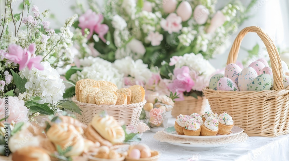 An Easter Sunday brunch table set with pastel decorations, fresh flowers, and baskets of treats An Easter Sunday brunch table set with pastel decorations, fresh flowers, and baskets of treats