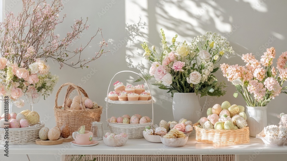 An Easter Sunday brunch table set with pastel decorations, fresh flowers, and baskets of treats An Easter Sunday brunch table set with pastel decorations, fresh flowers, and baskets of treats