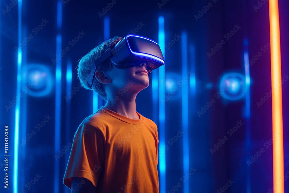 A kid, casually dressed in an orange t-shirt, wearing VR glasses A kid, casually dressed in an orange t-shirt, wearing VR glasses