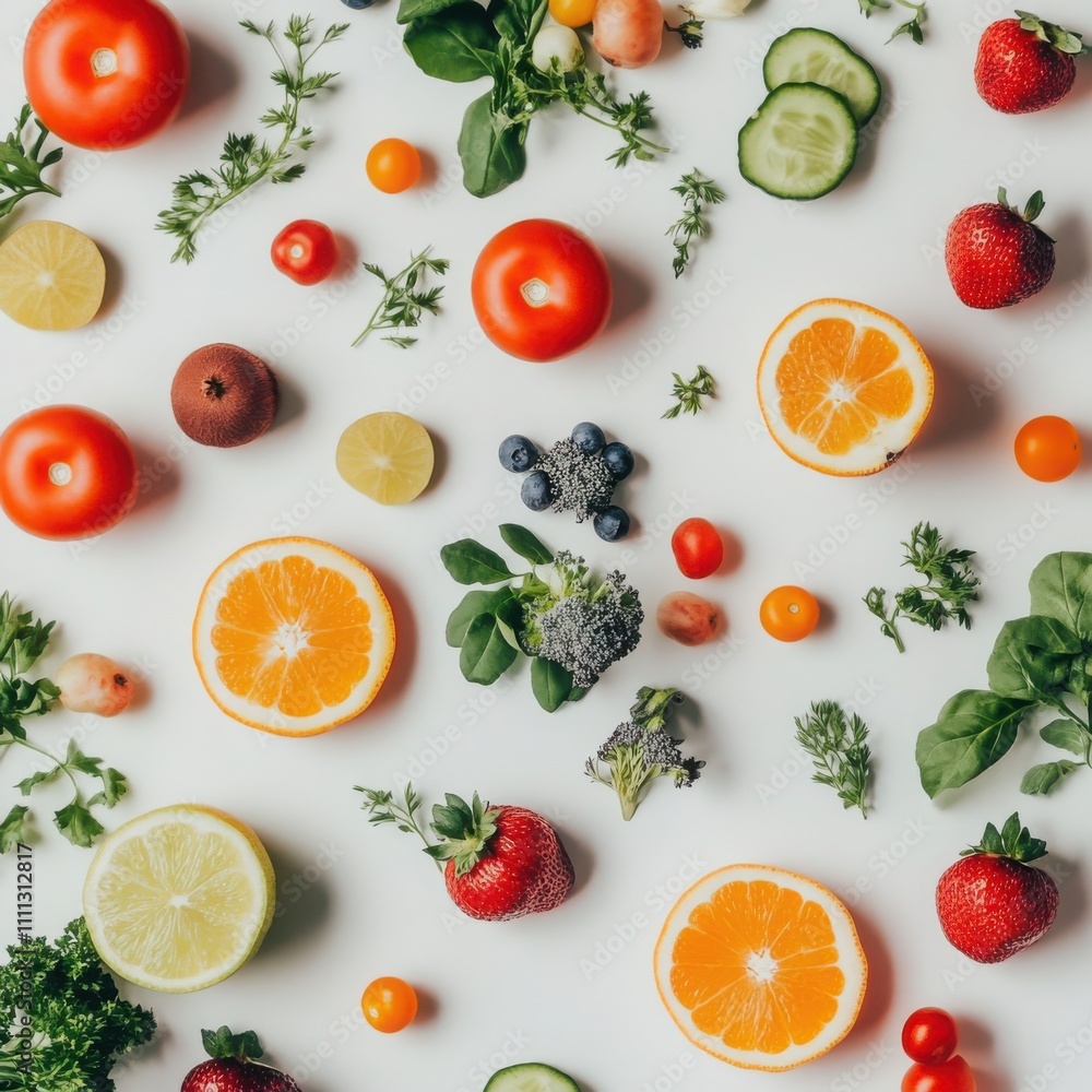 Vibrant flatlay of fresh fruits and vegetables kitchen table food photography bright indoor setting overhead view healthy eating concept Vibrant flatlay of fresh fruits and vegetables kitchen table food photography bright indoor setting overhead view healthy eating concept
