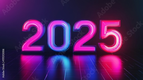 Bold "2025" design with futuristic elements, metallic textures, and neon lighting effects; set against a dark background for a modern and sleek look, ideal for New Year or tech-themed projects