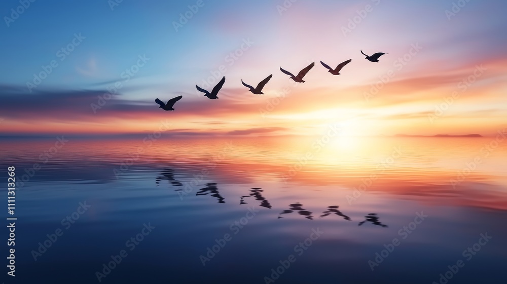 Fototapeta premium Flock of birds flying over calm ocean at dawn, sky blending with soft colors, freedom and serenity