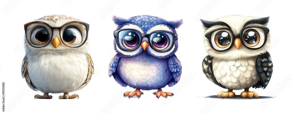 Fototapeta premium Cute Cartoon Owls with Glasses on Transparent Background