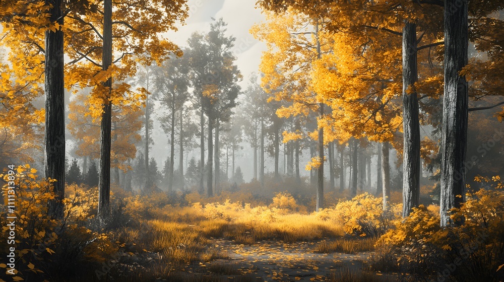 Misty Autumn Woodland with Golden Canopy Misty Autumn Woodland with Golden Canopy