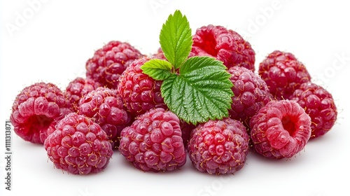 Close-up of ripe, dewy raspberries with a fresh green leaf, isolated on a pure white background, vibrant colors, sharp details