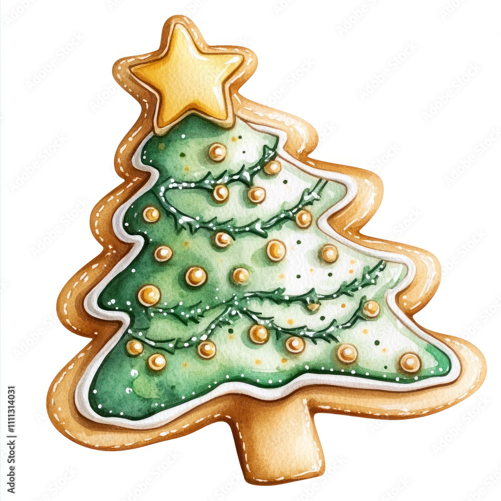 Watercolor Delightful gingerbread tree with green icing and golden decorations. Watercolor Delightful gingerbread tree with green icing and golden decorations.