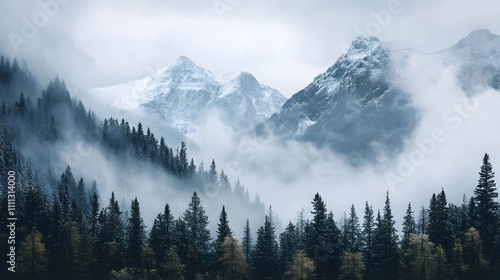 Misty mountain peaks shrouded in fog, with snow-capped peaks and pine forests.