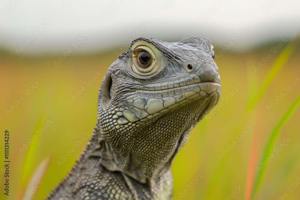 Close-up of a lizard in natural habitat with soft focus, alert eyes Close-up of a lizard in natural habitat with soft focus, alert eyes