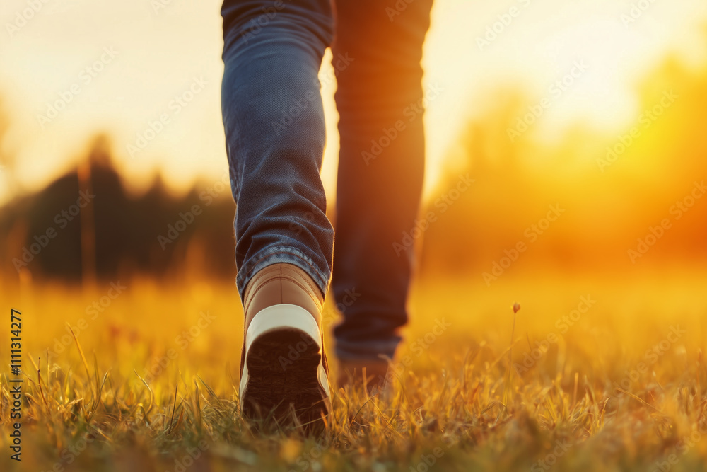 A low-angle close-up of a person walking through a grassy field during a golden sunset A low-angle close-up of a person walking through a grassy field during a golden sunset