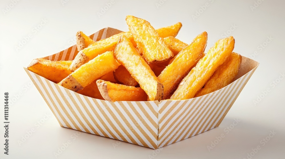 A pile of sweet potato fries with vibrant orange hues, served in a minimalist box, styled for a modern, health-conscious appeal, isolated white background A pile of sweet potato fries with vibrant orange hues, served in a minimalist box, styled for a modern, health-conscious appeal, isolated white background